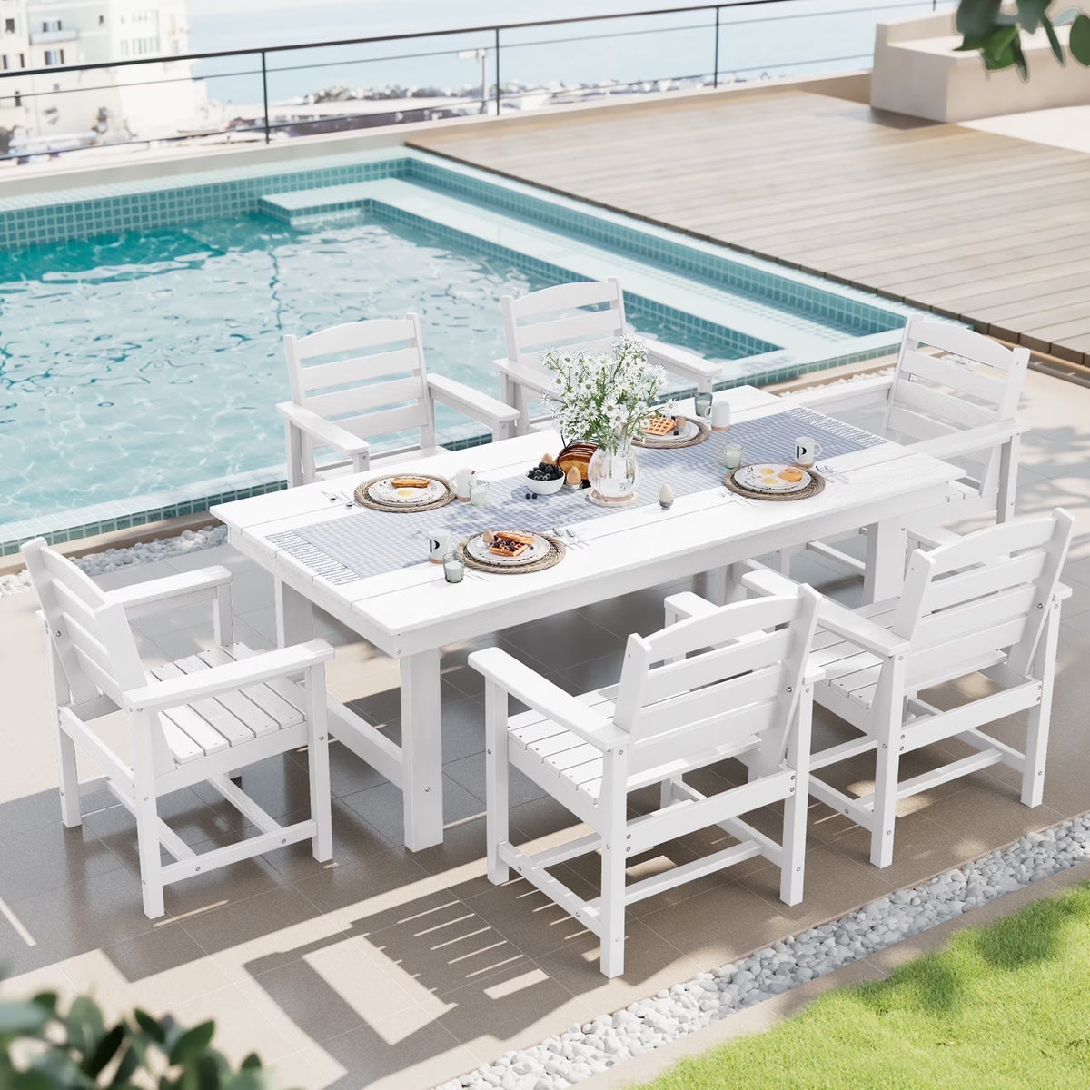 SERWALL Outdoor HDPE Dining Table Set, 7-Piece Outdoor Dining Table Sets with Umbrella Hole, Grey
