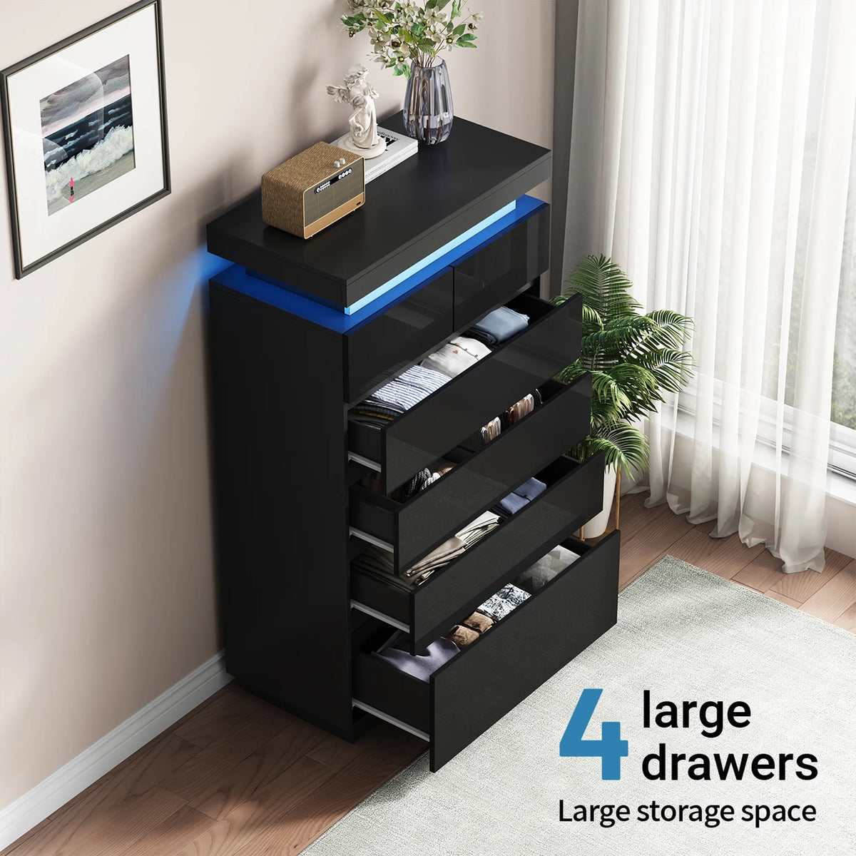 NEGYLIM 6 Drawer White Dresser, High Gloss Dresser with LED Light for Bedroom, Living Room, Hallway, Easy Assembly