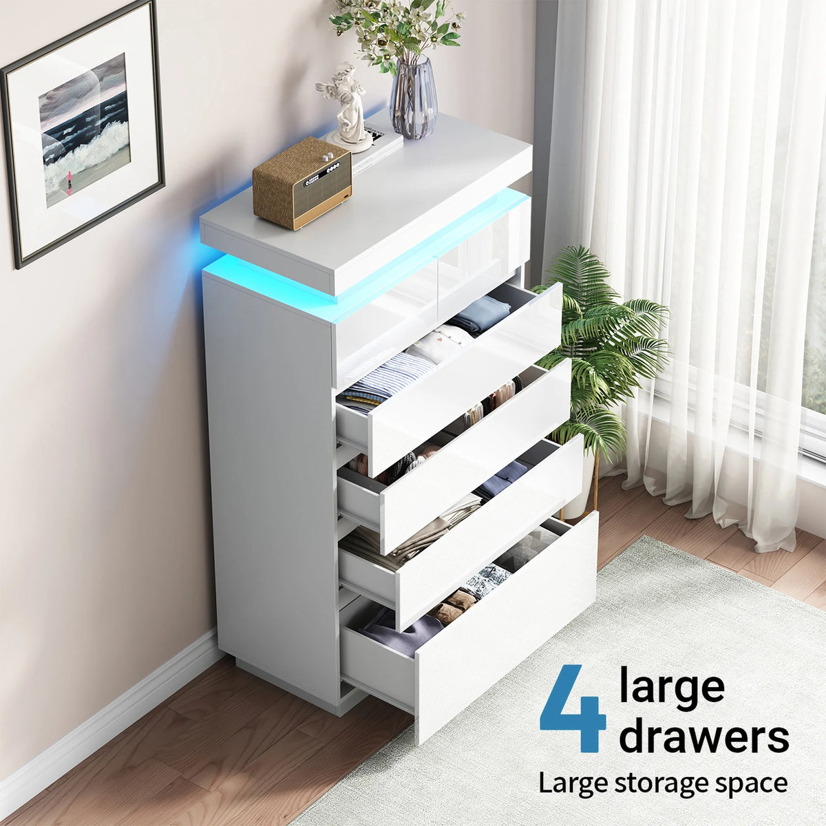 NEGYLIM 6 Drawer White Dresser, High Gloss Dresser with LED Light for Bedroom, Living Room, Hallway, Easy Assembly