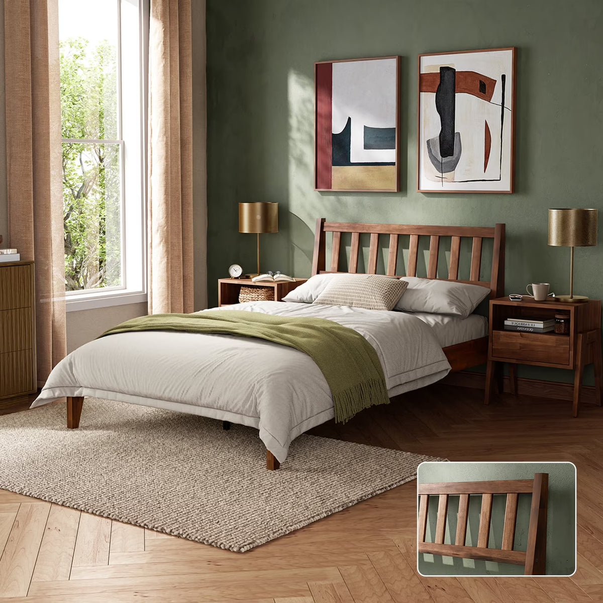 Mopio Ted Queen Bed Frame with Headboard, Full Size Bed Frame, Mid Century Modern Acacia Solid Wood Platform Bed Frame, Wooden Bed Slats, No Box Spring Needed, Double Metal Bar Support, Walnut