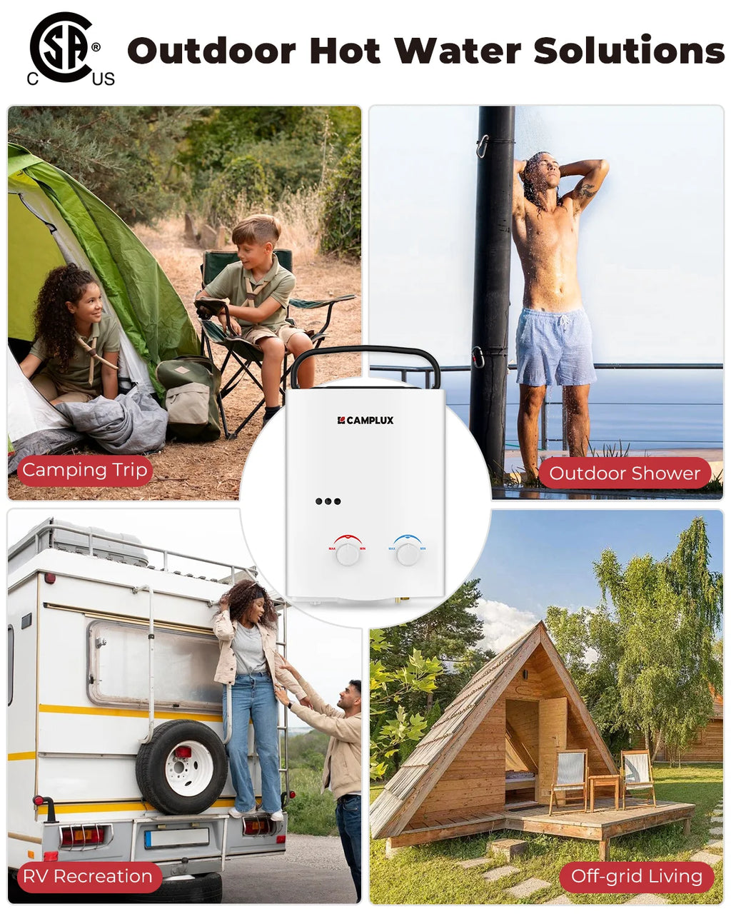 CAMPLUX Portable 1.32 GPM 34,000 BTU Propane Tankless Water Heater for Outdoor