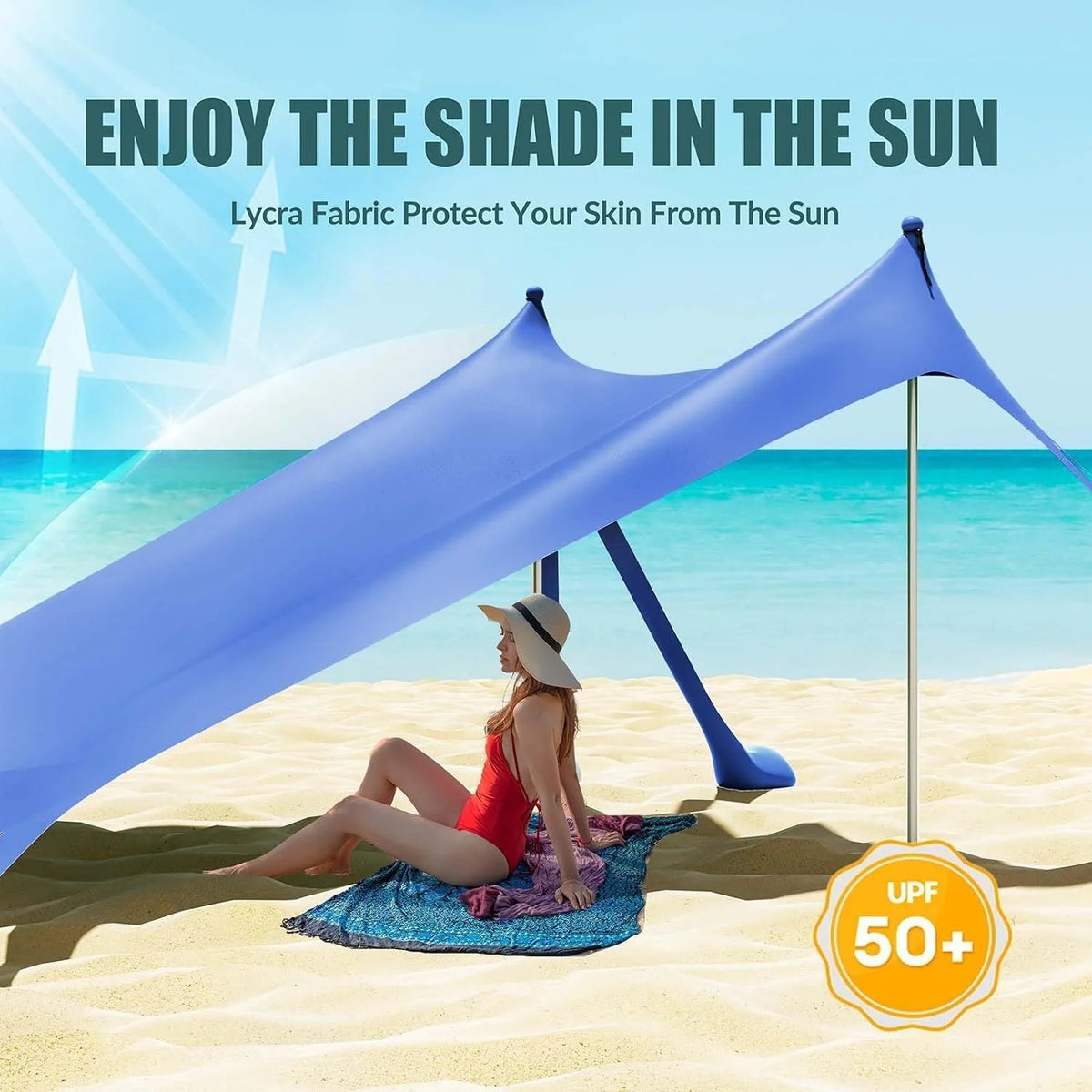 Beach Tent Canopy with 8 Sandbags 4 Aluminum Poles, Pop Up Portable Camping Sun Shelter, Easy Set Up with 2 Sand Shovel, Ground Pegs, Carrying Bag for Outdoor Beach,Picnic, Fishing