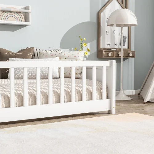 Bellemave Twin Size Floor Bed with Fence, Montessori Floor Twin Bed with Built-in Book Rack, Solid Wood Twin Bed with Slats and Safety Guardrails, Natural