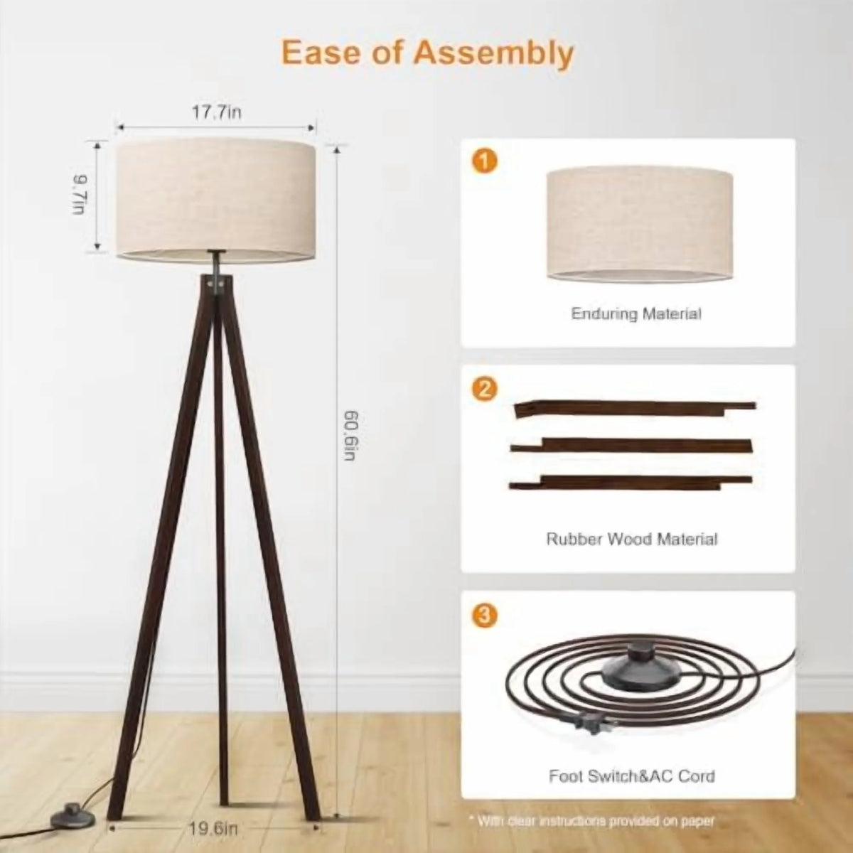 Wood Tripod Floor Lamp, Mid Century Standing Lamp, Modern Design Studying Light for Living Room, Bedroom, Study Room and Office, Flaxen Linen Shade with E26 Base Brown