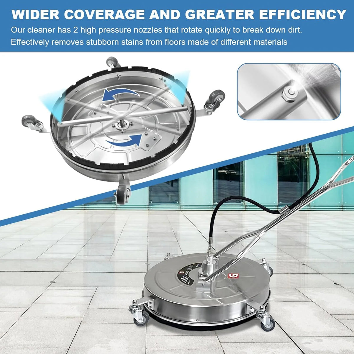 Garvee 24" Pressure Washer Surface Cleaner with Dual Handles Stainless Steel, 4-Wheel Design for Driveways, Sidewalks, Curbs, Decks, & Patios 4900 PSI, High-Efficiency Cleaning Accessory