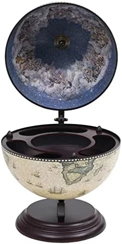 Green & Brown Tabletop Globe Wine Stand - Eucalyptus Wood with Antique Replica Frescoes and 16th  Nautical Maps - Assembly Required