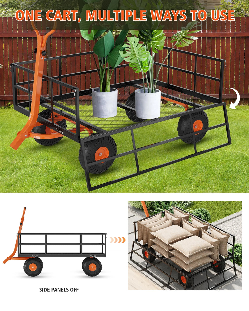 Heavy Duty Steel Garden Cart, Garden Wagon Cart on Wheels, Outdoor Metal Yard Utility Wagon Carts  w/Adjustable Handle & Removable Sides(Convert to Flatbed)