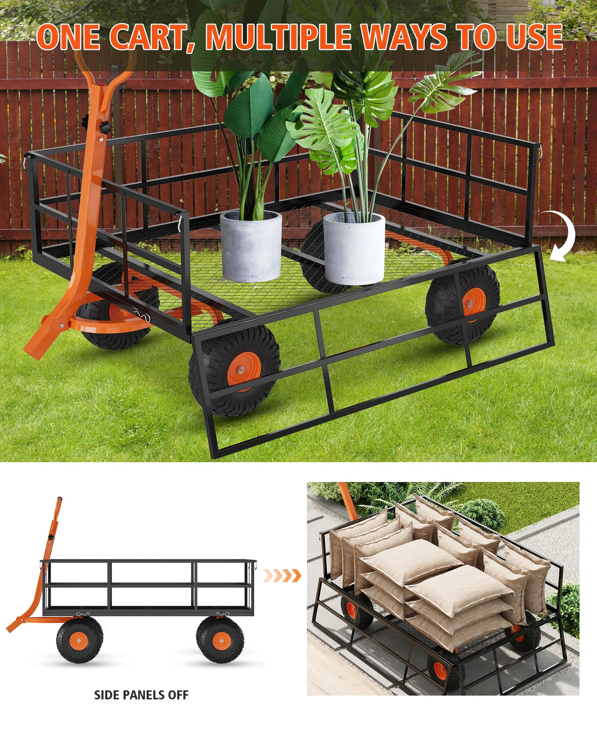 Heavy Duty Steel Garden Cart, Garden Wagon Cart on Wheels, Outdoor Metal Yard Utility Wagon Carts  w/Adjustable Handle & Removable Sides(Convert to Flatbed)