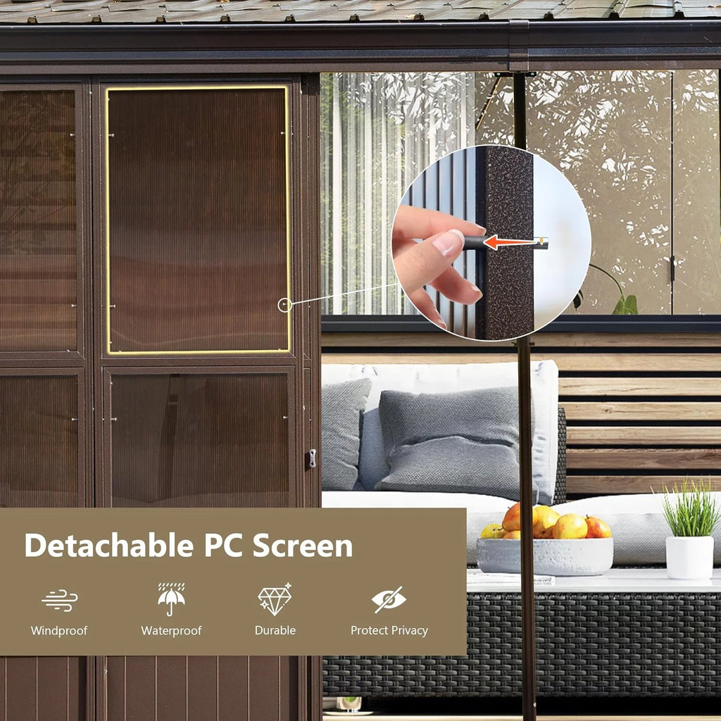 Domi Outdoor Living 10' x 12' Hardtop Lean-to Gazebo, Wall-Mounted with Galvanized Steel Roof Wall Pergola with Aluminum Frame, Curtains and Netting, for Patio, Deck, Garden, Backyard