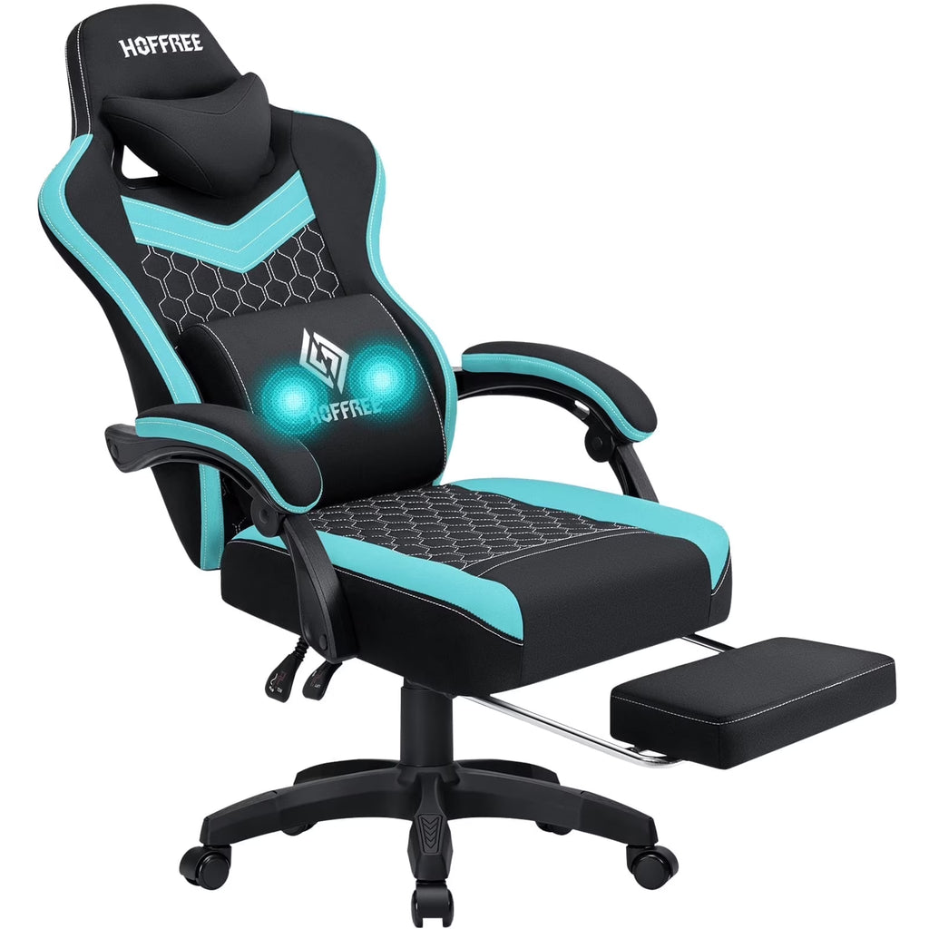 Hoffree Gaming Chair with Massage Fabric Office Chair with footrest for Adults, Ergonomic Gamer Chair with Headrest and Lumbar Support for Office Gaming, 440 LBS
