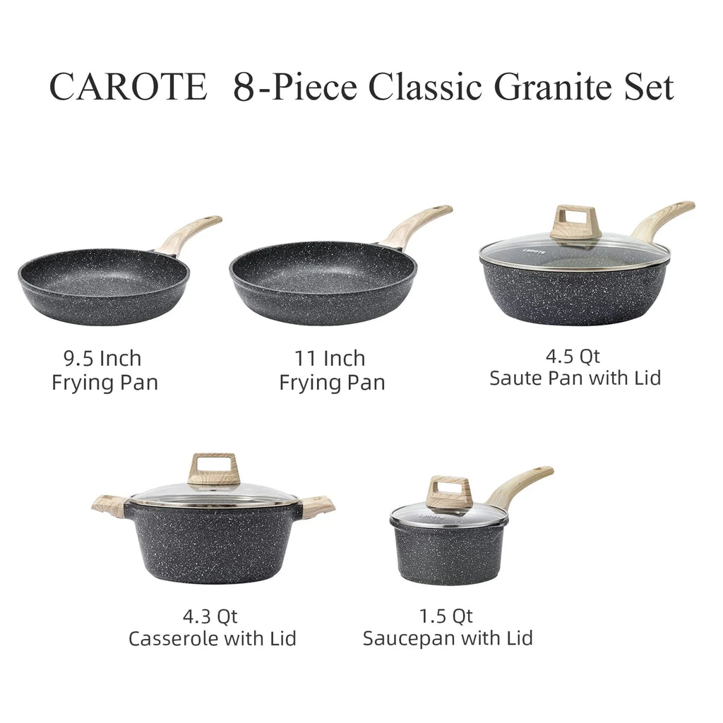Carote Pots and Pans Set Non Stick, Nonstick Kitchen Cookware Sets,8 Pcs Induction Cookware (Black)