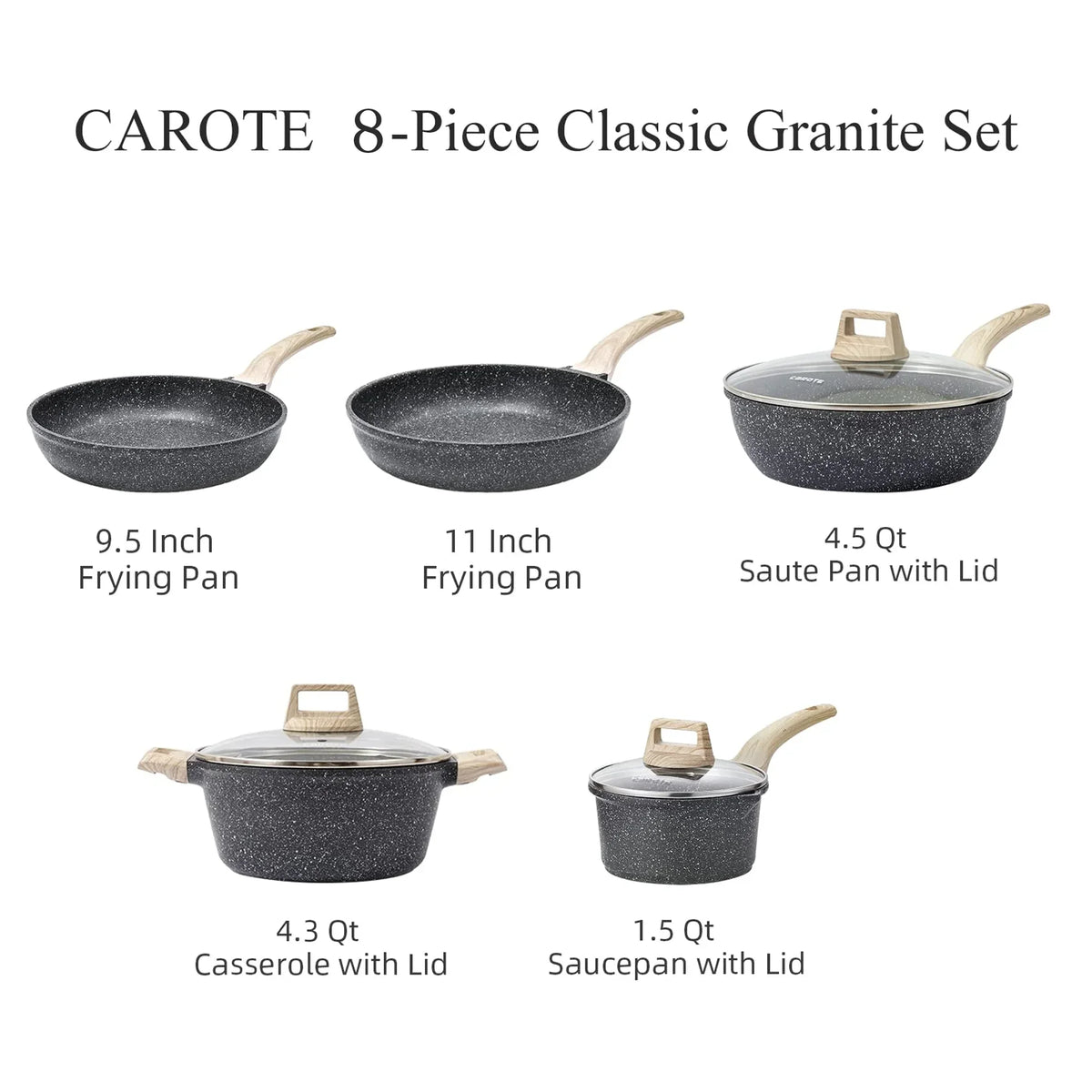 Carote Pots and Pans Set Non Stick, Nonstick Kitchen Cookware Sets,8 Pcs Induction Cookware (Black)