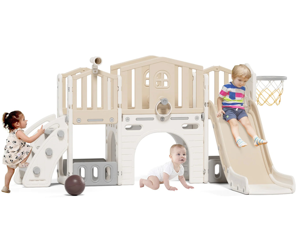 KORIMEFA 9 in 1 Kids Toddler Slide Set, Toddler Climber Slide for Age 1-3 with Basketball Hoop & Ball, Indoor Outdoor Playground Slide, Blue