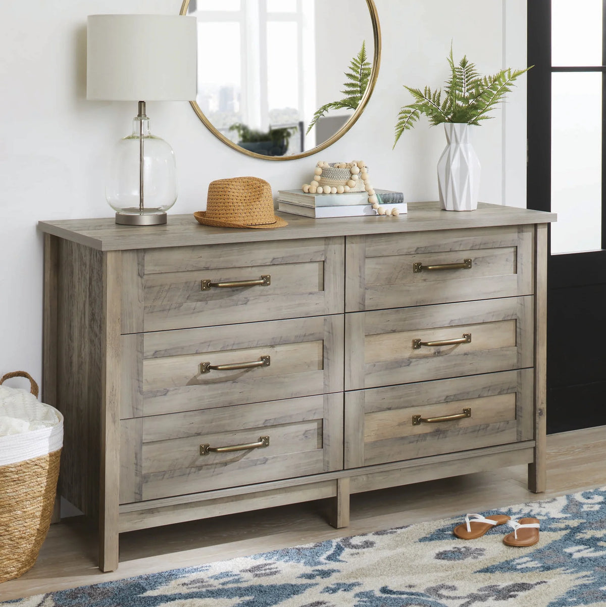 Better Homes & Gardens Modern Farmhouse 6-Drawer Dresser, Rustic White Finish
