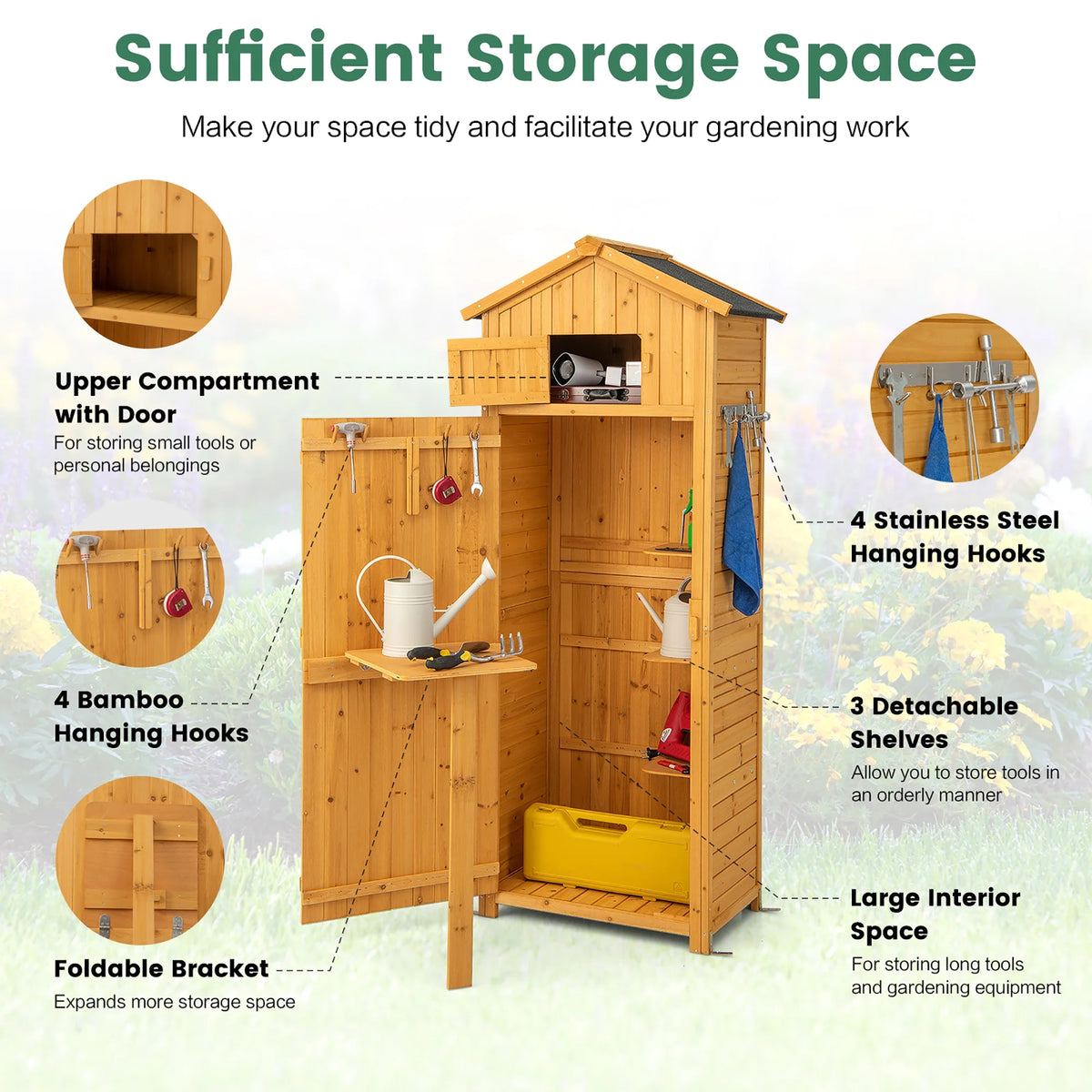 Costway Outdoor Lockable Wooden Storage Shed with Shelves, 71"x29.5"x20", Natural