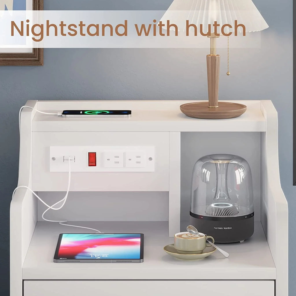 ADORNEVE Nightstand with Charging Station and 3 Storage Drawers, White