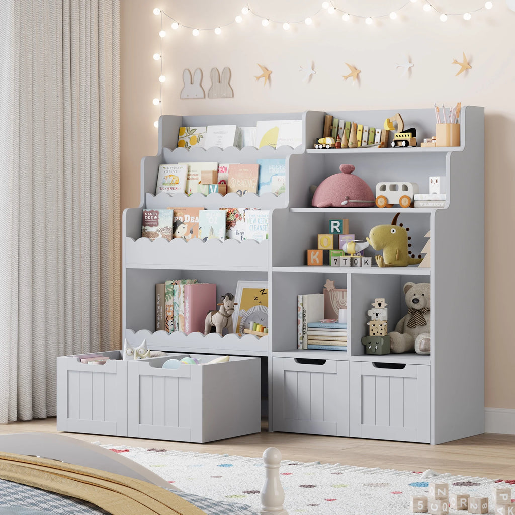 Hiphuta 47"Wide Large Kids Bookcase, Wood Bookshelf Toy Storage Organizer with Book Rack & Movable Boxes, White Bookshelf for Kids Room