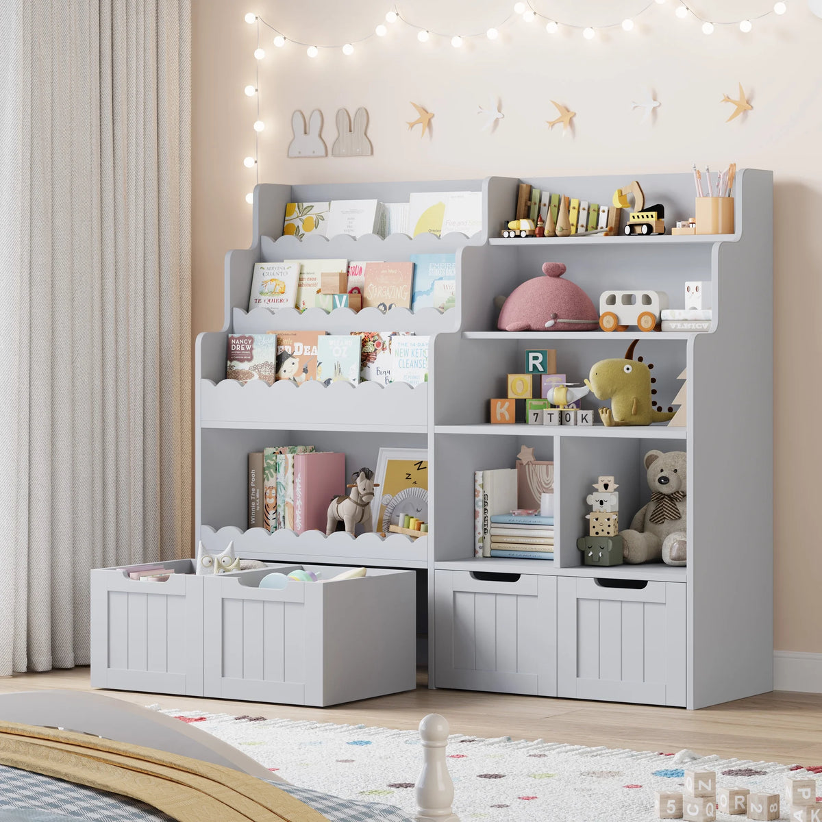 Hiphuta 47"Wide Large Kids Bookcase, Wood Bookshelf Toy Storage Organizer with Book Rack & Movable Boxes, White Bookshelf for Kids Room