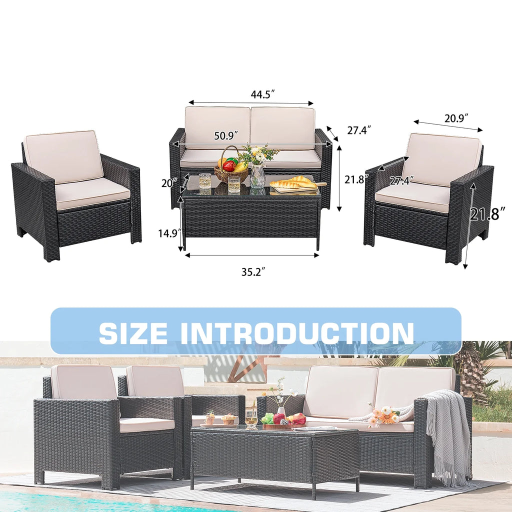 Lacoo 4 Pieces Patio Furniture Sets Rattan Chair Wicker Conversation Sofa Set Outdoor Tble and Chairs for Backyard Porch Garden Poolside Balcony, White