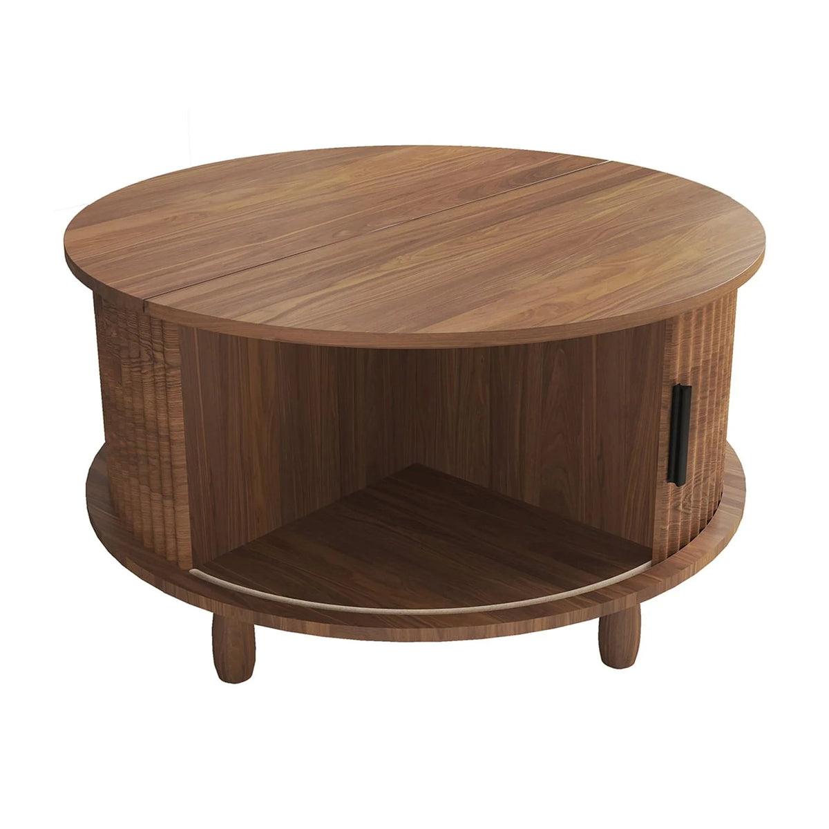 RUMLIVE Round Coffee Table with Storage, 30.7" Modern Coffee Table with 360 Curved Sliding Door, Fluted Wood Coffee Table with Footpads, Round Center Table for Living Room, Black