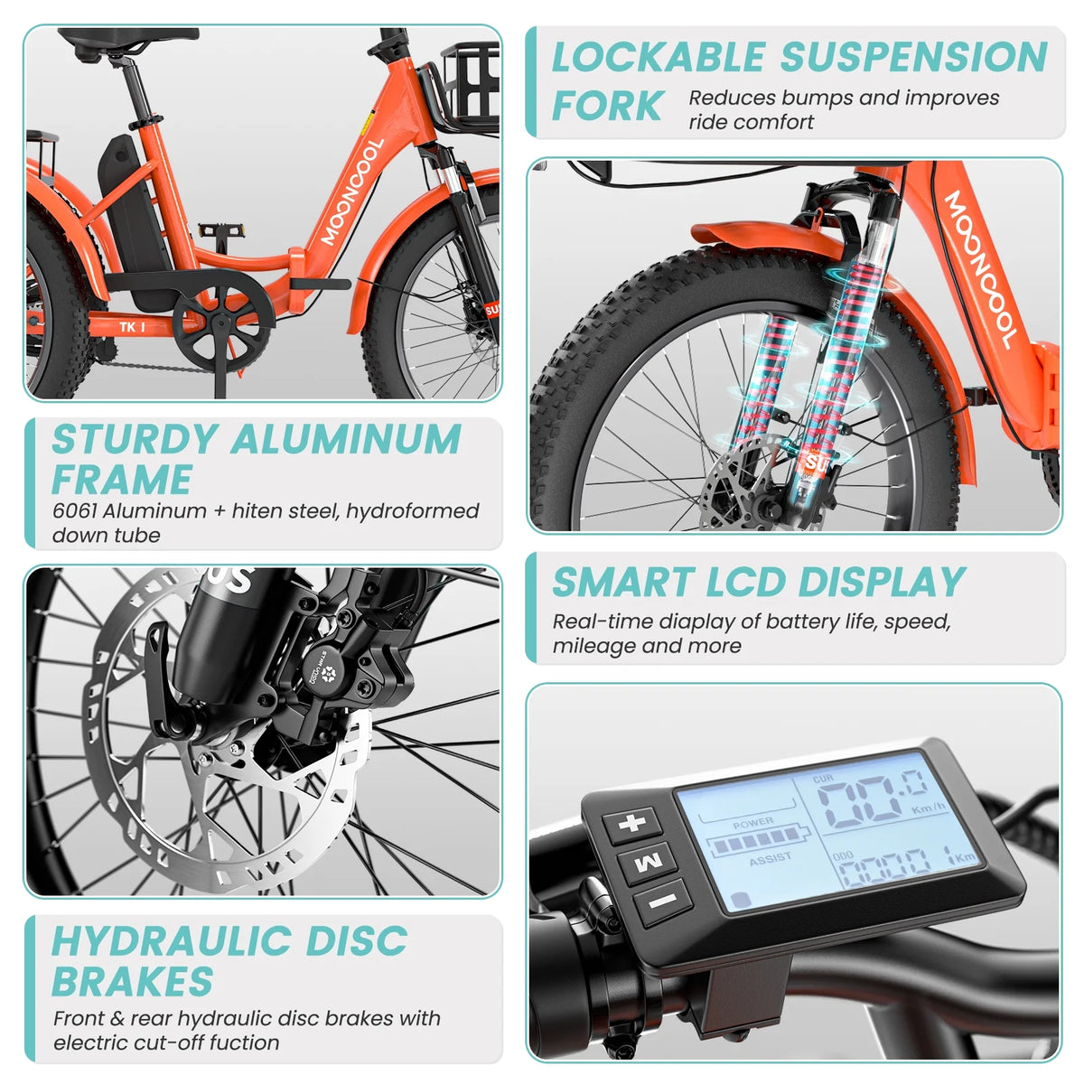 MOONCOOL TK1 Folding Electric Tricycle for Adults,48V 14.5Ah Removable battery, 500W Peak 1000w Motor, 20" Fat Tire Step-Thru 3Wheel Electric Bicycle w/Front&Rear Baskets, Certified to UL 2849 by SGS