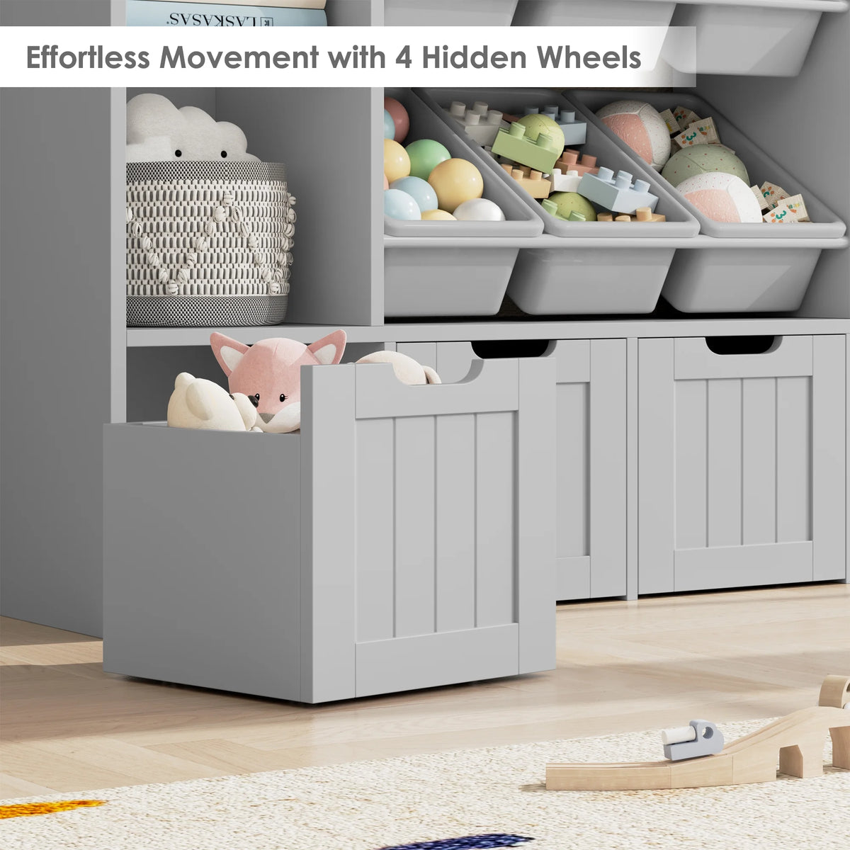 Hiphuta Large 4 Tier Kids Bookcase, Wood Toy Organizer of 6 Boxes & 4 Removable Drawers, Bookshelf for Kids Room, White