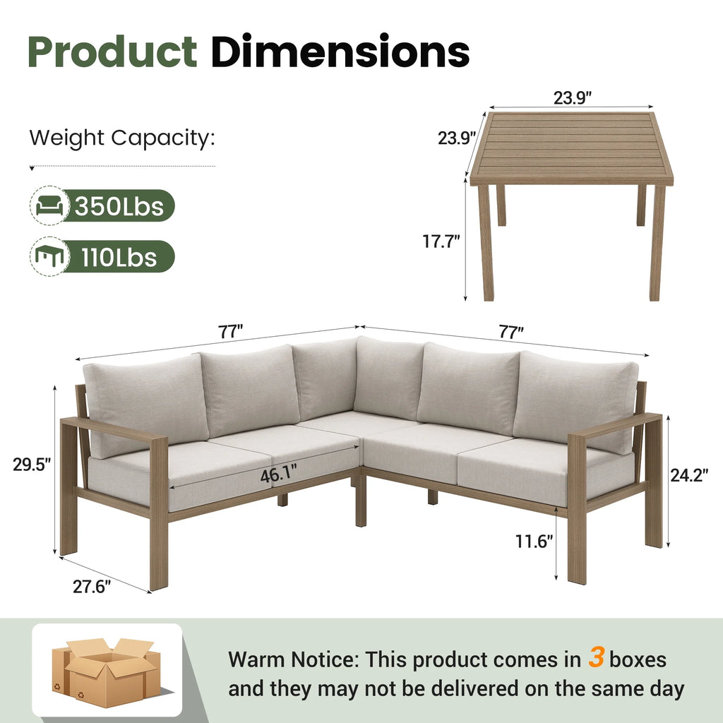 ELPOSUN 6 Pieces Patio Furniture Sets with 6" Thick Olefin Cushions, Metal Outdoor Sectional Furniture L Shape Patio Conversation Sets for Garden, Backyard Beige