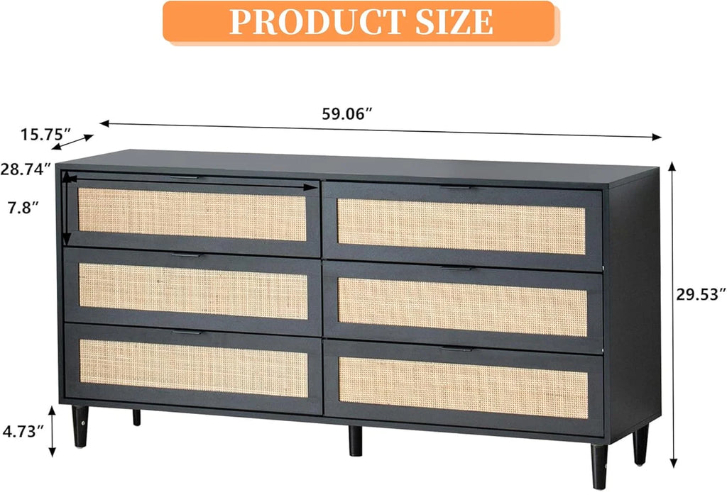 Wide 6 Drawer Rattan Dresser, Boho Dresser for Bedroom, Wooden Dresser Chest of Drawers, Natural