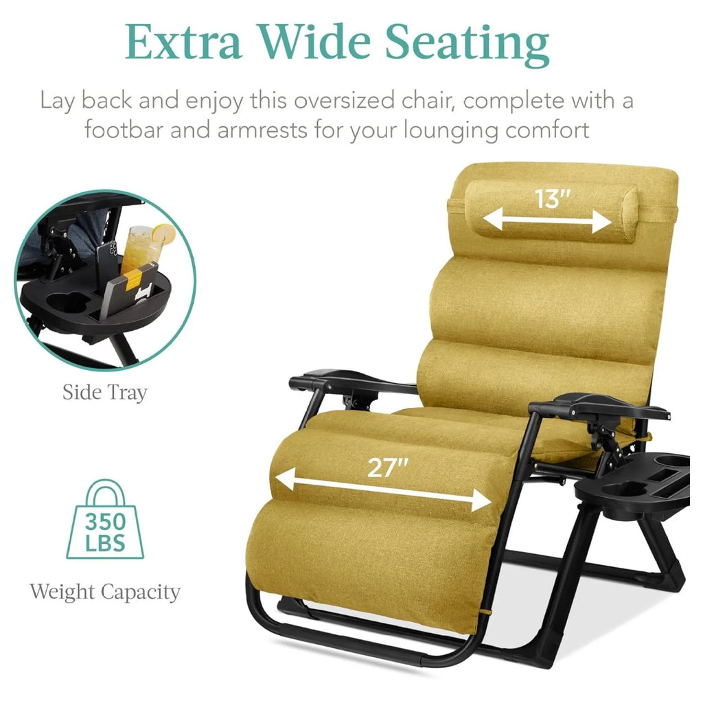 Oversized Chair, Folding Outdoor Patio Recliner, XL Anti Gravity Lounger w/Removable Cushion, Cup Holder, Side Tray, 350lb Capacity - Taupe