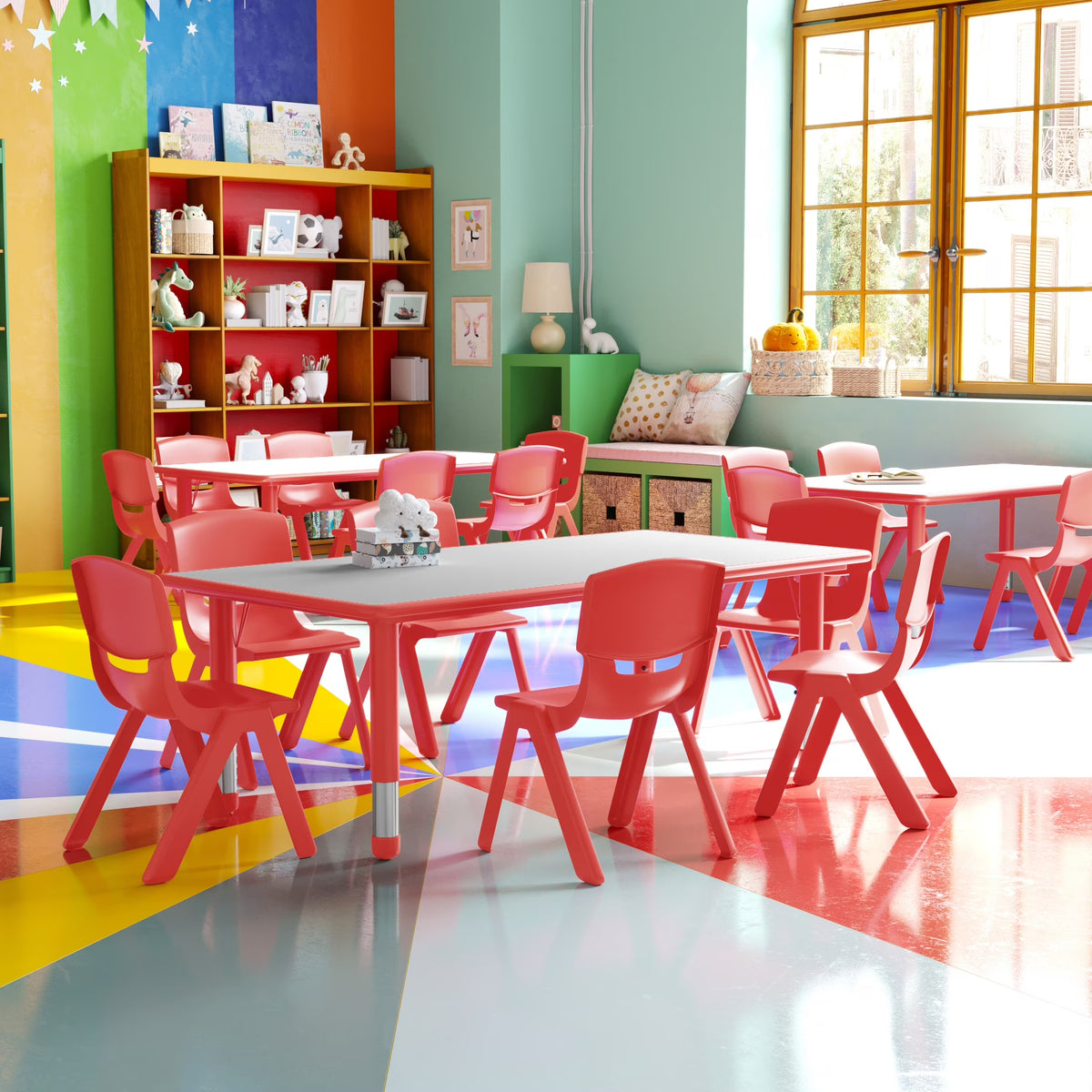 Flash Furniture Emmy Adjustable Classroom Activity Table for Kids with 6 Chairs, Red/Gray
