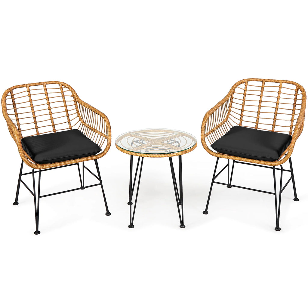 Costway 3PCS Patio Rattan Bistro Furniture Set Cushioned Chair Table Navy