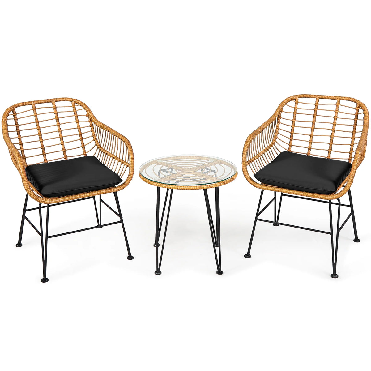 Costway 3PCS Patio Rattan Bistro Furniture Set Cushioned Chair Table Navy