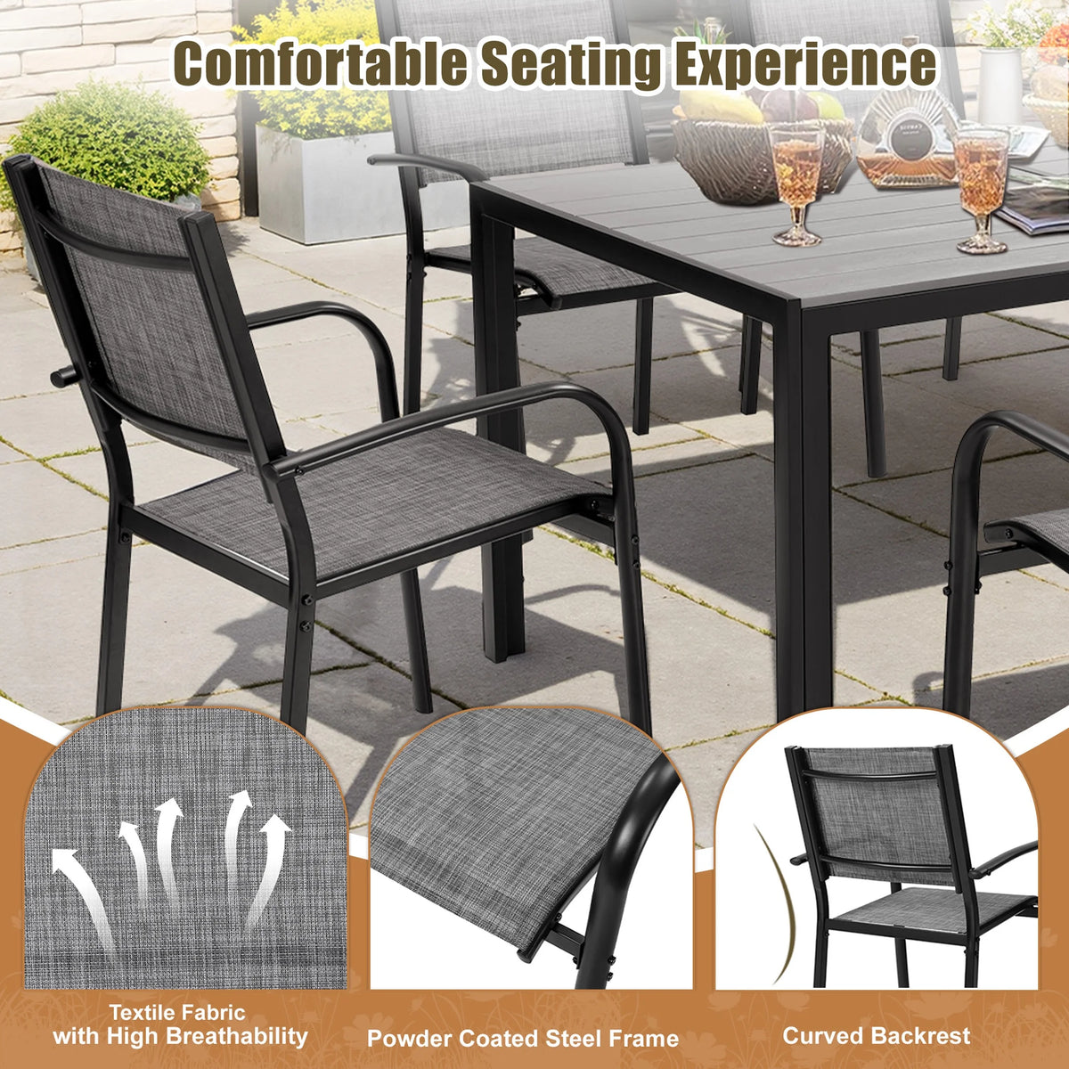 7 Piece Outdoor Dining Set, Patio Dining Table Set for 6 Persons, Garden Patio Textilene Dining Furniture Set with Plastic-Wood Tabletop, Dining Table Chairs Conversation Set for Deck Patio