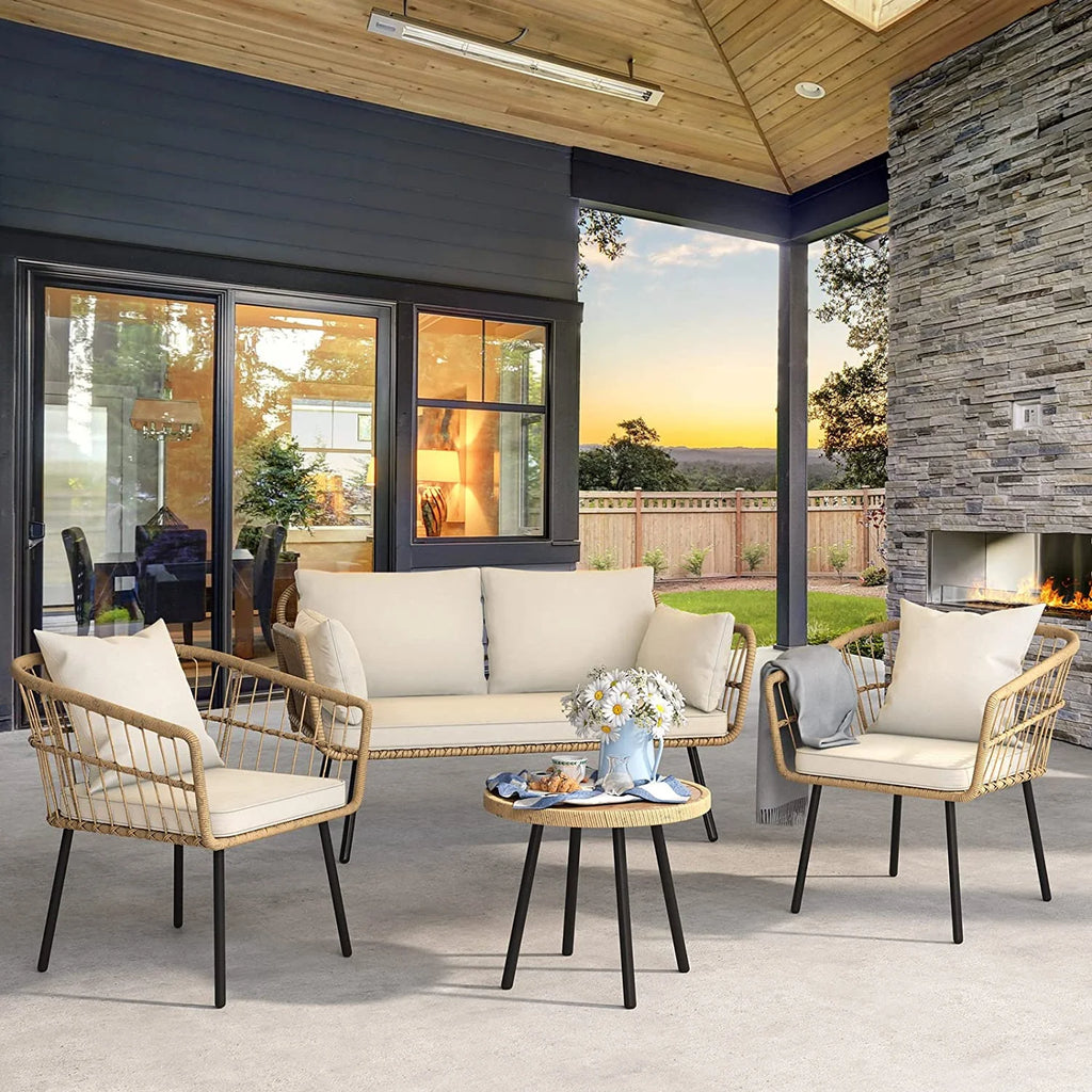 Dextrus 5 pieces Outdoor Dining Set, Patio Dining Sets with 4 Rattan Wicker Dining Chair and Round Table With Umbrella Hole, Sectional Conversation Set for Backyard, Balcony, Garden, Lawn