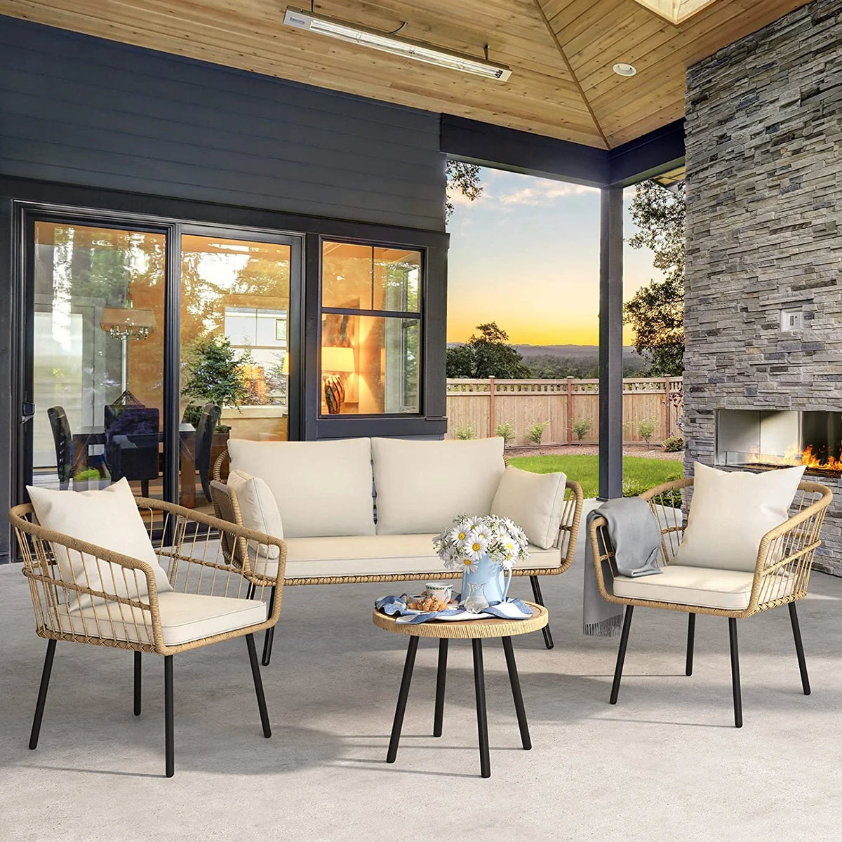 Dextrus 5 pieces Outdoor Dining Set, Patio Dining Sets with 4 Rattan Wicker Dining Chair and Round Table With Umbrella Hole, Sectional Conversation Set for Backyard, Balcony, Garden, Lawn