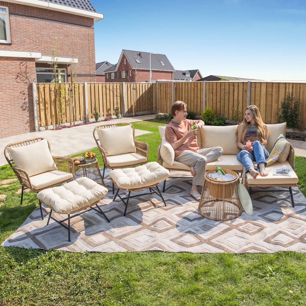 RADIATA 6-Piece Boho Patio Furniture Set, Outdoor Wicker Sectional Sofa Conversation Set with Ice Bucket & Coffee Table, 500lbs Capacity, Beige