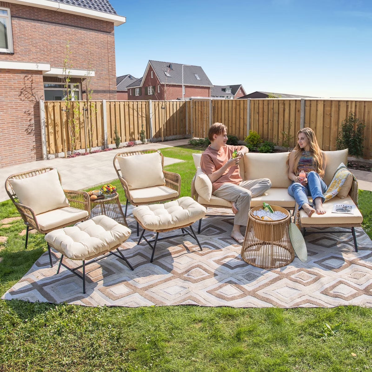 RADIATA 6-Piece Boho Patio Furniture Set, Outdoor Wicker Sectional Sofa Conversation Set with Ice Bucket & Coffee Table, 500lbs Capacity, Beige