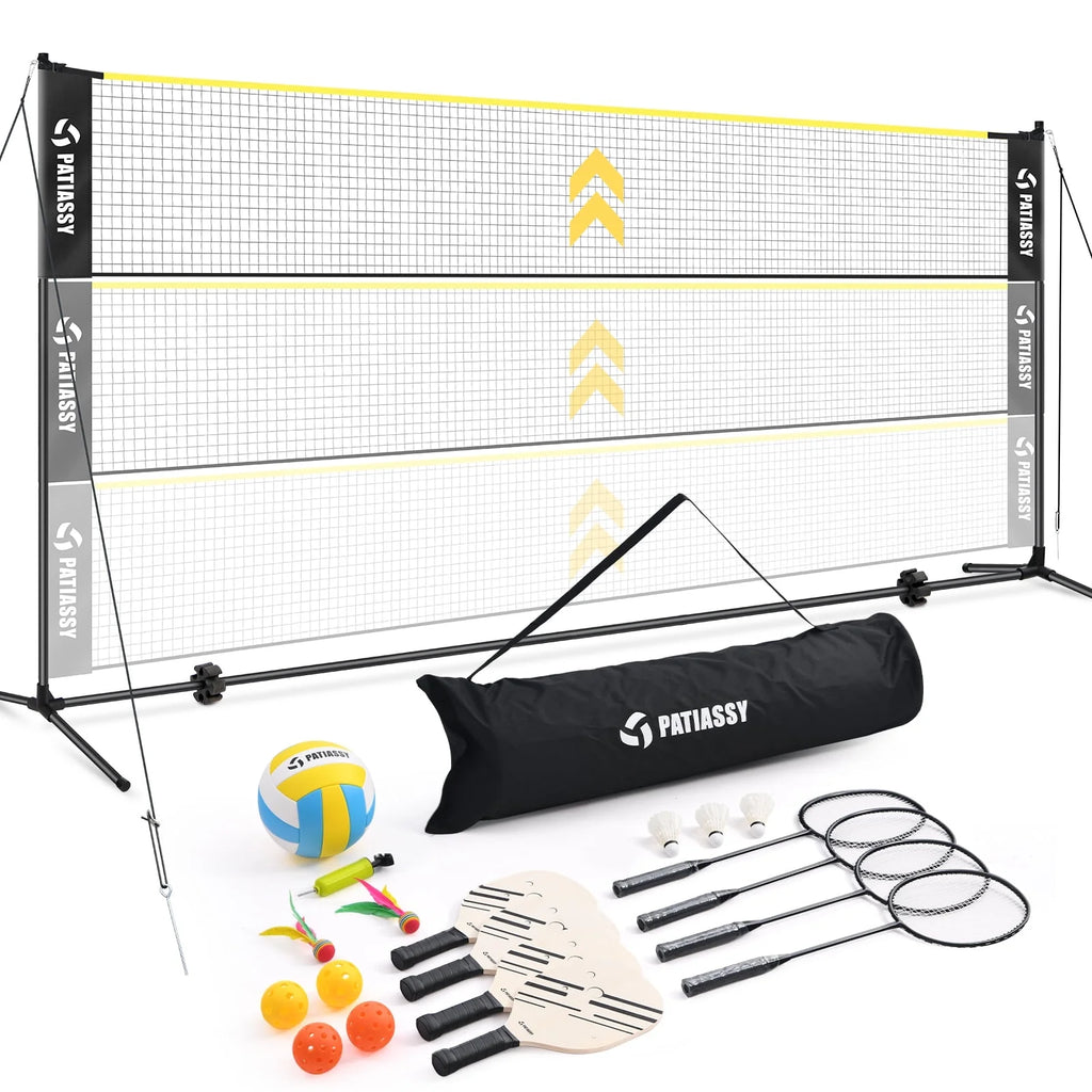 Patiassy 5.1ft-7.4ft Adjustable Height Volleyball Badminton Pickleball Net Set with Poles, 4 Rackets, 3 Shuttlecocks, 4 Pickleball Paddles , and Volleyball