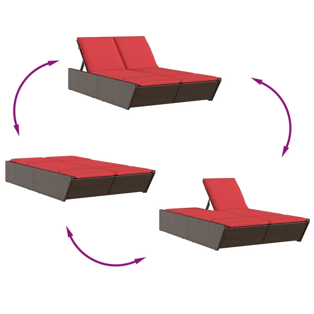 vidaXL Double Sun Lounger with Cushions Outdoor Poly Rattan Brown/Gray/Black
