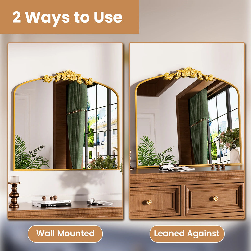 Swafrrt 28x20 inch Gold Arch Mirror, Vintage Lace Wall Mirror, Aluminum Frame, Baroque Gold Lace Bathroom Mirror, Suitable for Wall, Tempered Glass, Can Hung Vertically or Tilted