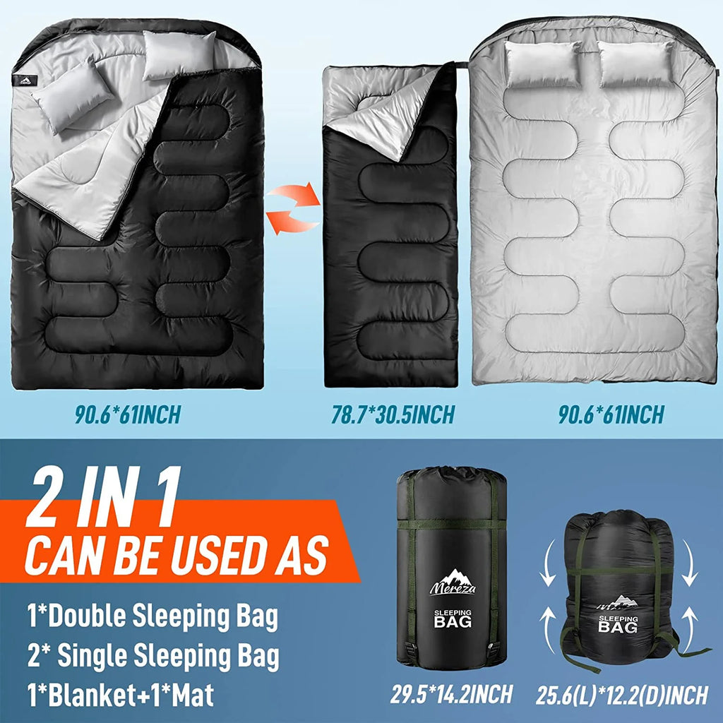 Double Sleeping Bag for Adults Mens with Pillow, XL Queen Size Two Person Sleeping Bag for All Season Camping Hiking Backpacking 2 Person Sleeping Bags for Cold Weather & Warm