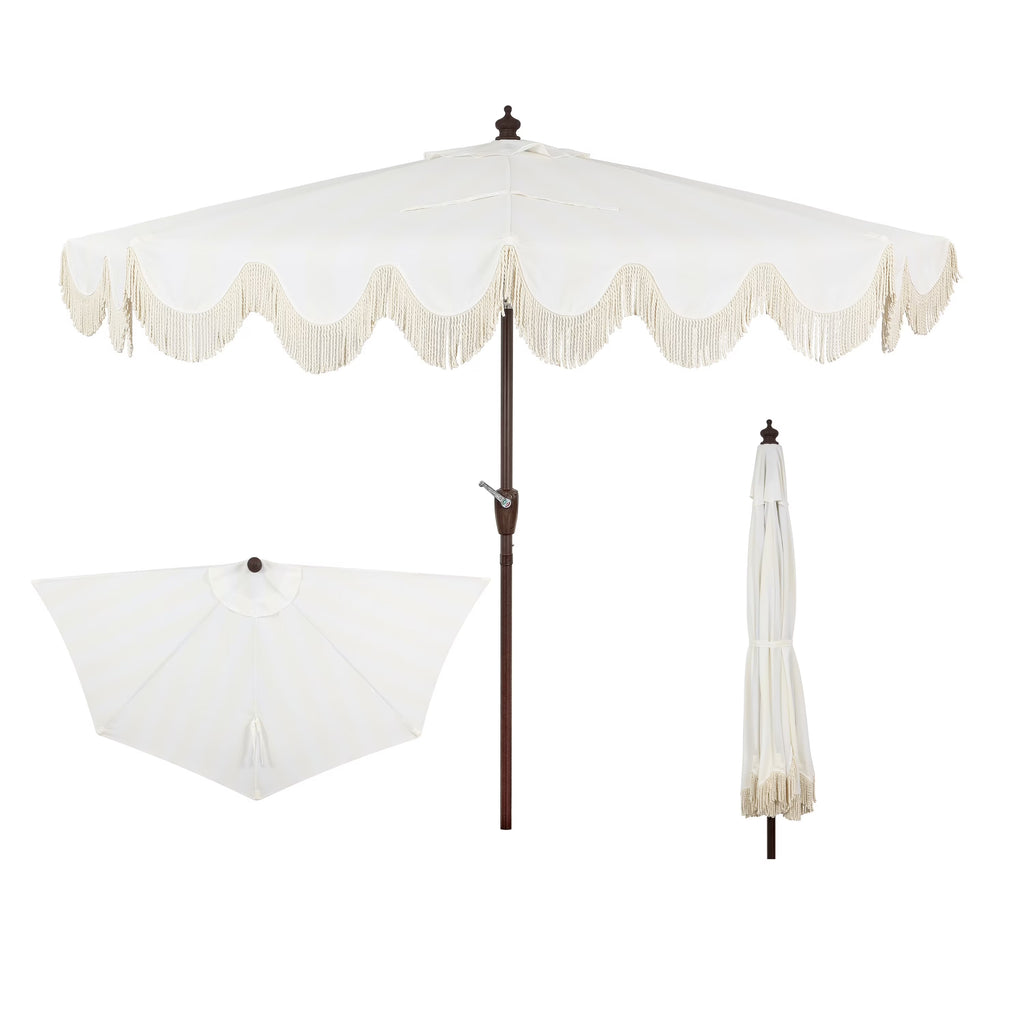 JONATHAN Y Beverly 9 ft. Half Market Patio Umbrella, Designer Classic Scalloped Fringe with Crank, Tilt Button and UV Protection, Blue/White/Cream, Dark Brown Pole