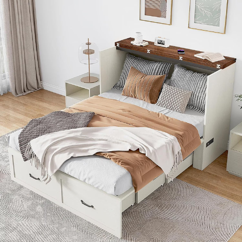 ANPOO Full Size Murphy Chest Bed with Drawer and Power Outlets, Farmhouse Wood Hidden Folding Bed Chest w/2 Storage Drawers, Multifunctional Storage Cabinet Bed for Bedroom,White