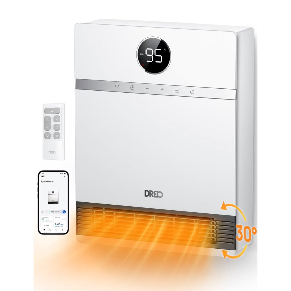 Dreo Smart Wall Heater, IP24 Electric PTC Space for Indoor Use, 30 Oscillation, Adjustable Thermostat, Remote Control, Works With Alexa, 24H Timer, Easy-Mounted for Bedroom, Office