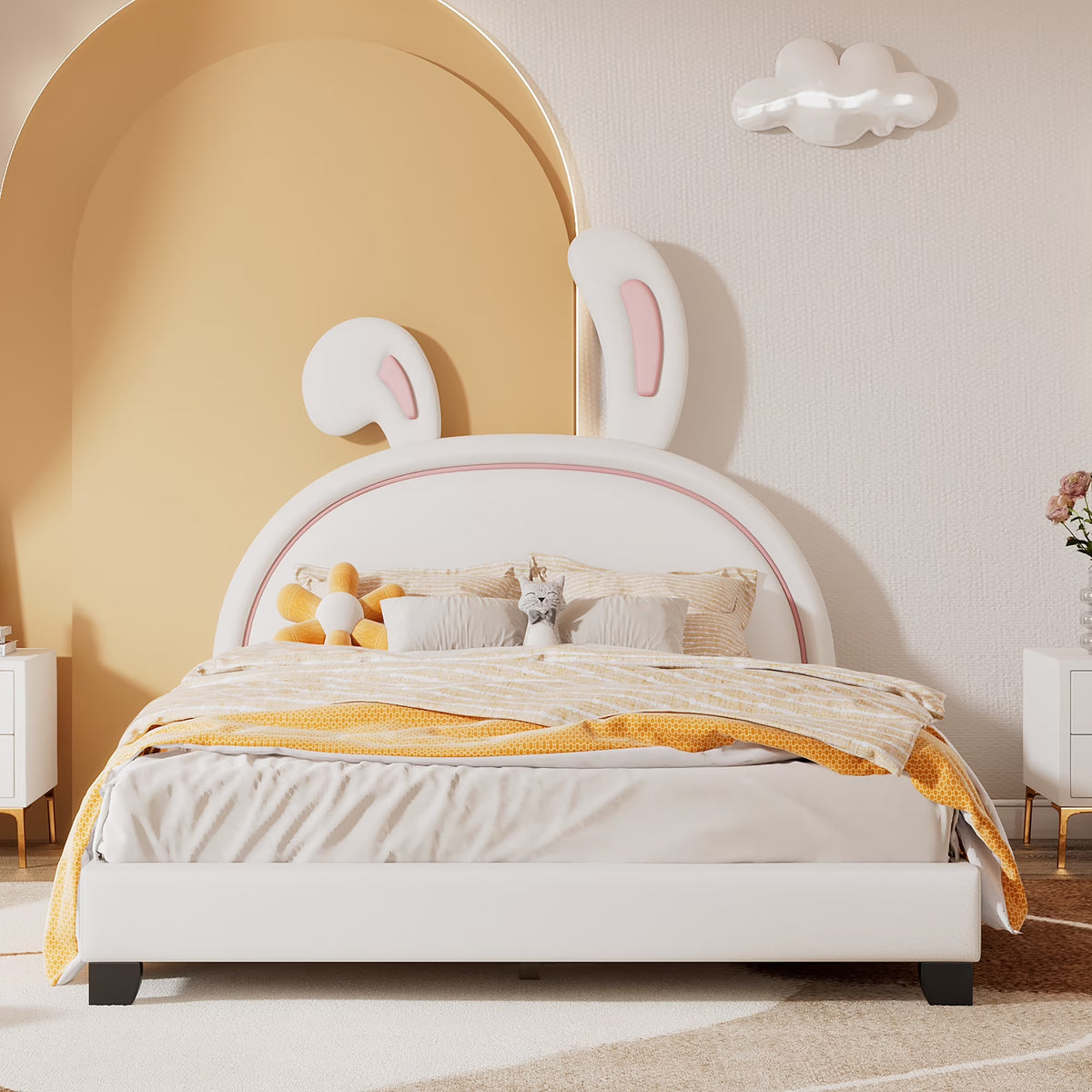 Euroco Upholstered Full Size Platform Bed, PU Cartoon Bunny Bed for Kids, Gray