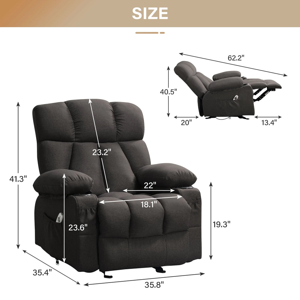 JONPONY Manual Recliner Chair with Heat Therapy and Massage Function, Heavy Duty Reclining Mechanism Massage Chair, Elderly Single Rocker Sofa with Cup Holders for Bedroom Home Theater,Grey