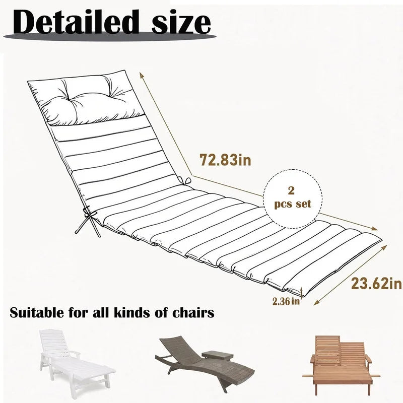 2pcs Outdoor Chaise Lounge Cushions, Waterproof Patio Foldable Chair Cushion for Garden Pool, 73 x 24in Sun Lounger Cushions for Outdoor Furniture Navy blue