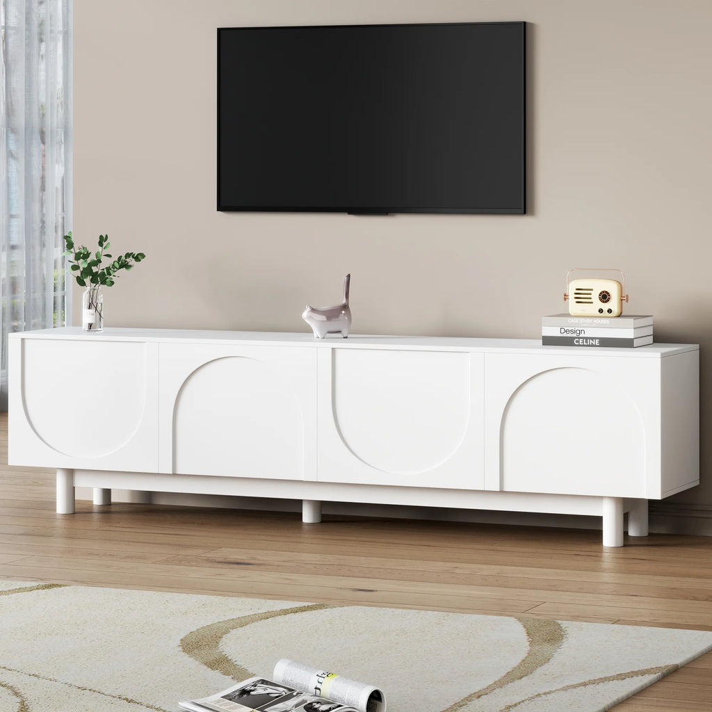71" Graceful TV Stand with Arch Cabinets Minimalist Media Console for 78" TVs, White Entertainment Center with Solid Wood Legs & Adjustable Shelves