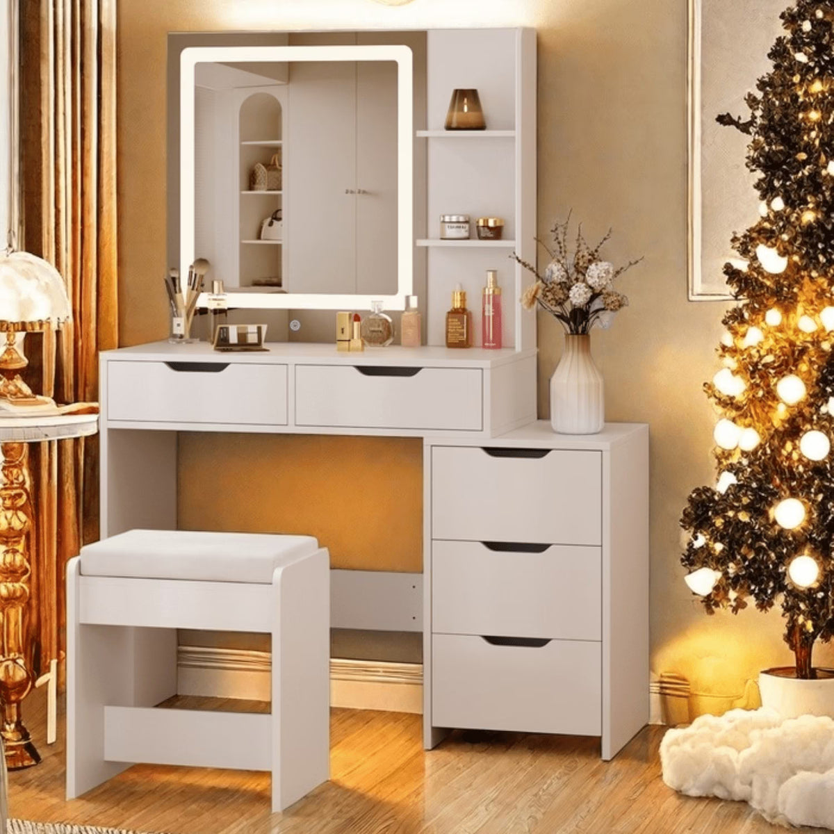 Vanity Desk, Lofka Makeup Vanity with Mirror and Lights, Large Vanity Table Set, White