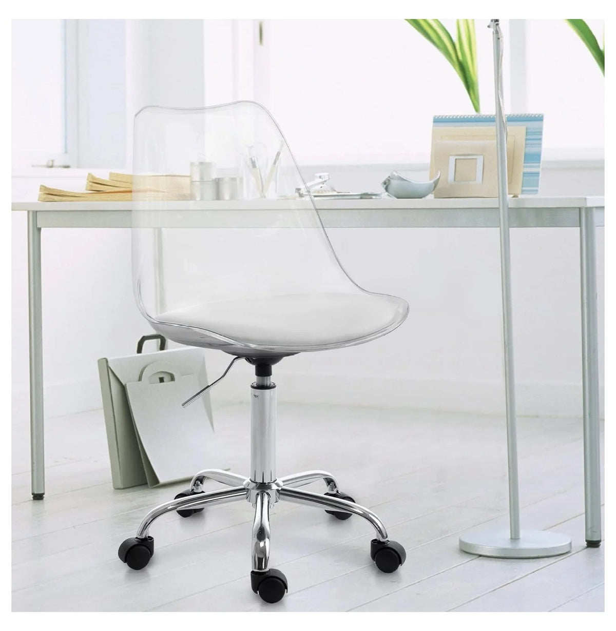 saney Clear Rolling Chair, Armless Desk Chair with Golden Feet Swivel Molded Plastic Shell Adjustable Home Office Chair with Wheels, Clear